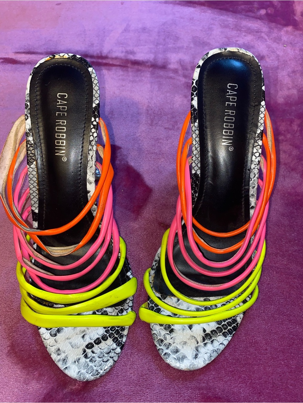 Cape Robbin Neon Multi-Strap Snake-Print Slide Sandals - Pink Orange Yellow